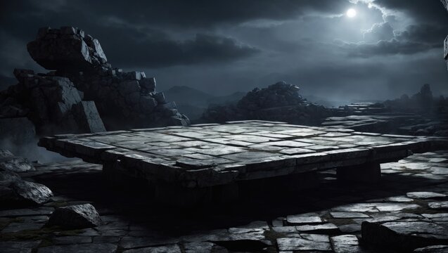 "Mystical Moonlit Battlefield: The Haunting Stone Platform"