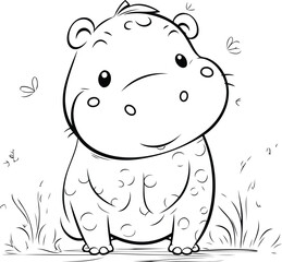 Coloring book for children. Hippopotamus on a meadow