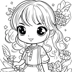 Cute little girl with flowers. Vector illustration for coloring book.