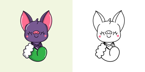 New Year Kawaii Bat for Coloring Page and Illustration. Adorable Clip Art Christmas Animal.