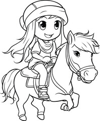 Coloring Page Outline Of Cartoon Girl Riding Horse. Vector Illustration.