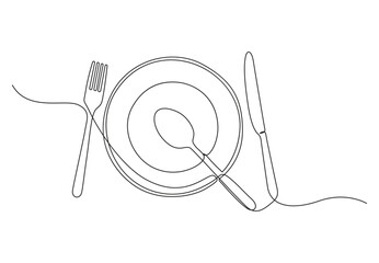 Continuous one line drawing cutlery, cooking utensils. Fork, Knife and plate. Hand drawn dishware for restaurant logo or menu cover in linear style vector illustration. Pro vector.  - obrazy, fototapety, plakaty