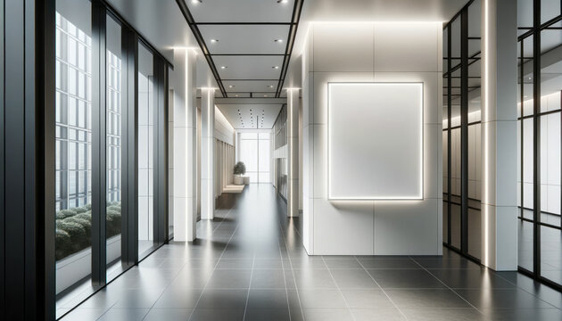 blank white poster in a contemporary office corridor, mockup. Generative AI