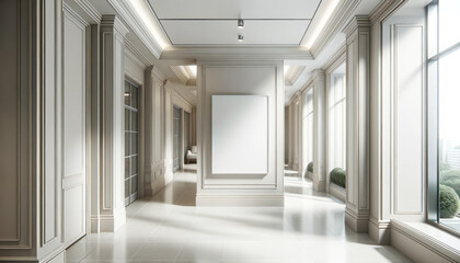 blank white poster in a elegant office passageway, mockup. Generative AI