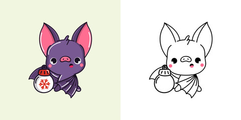 Kawaii Vector Christmas Bat Illustration and For Coloring Page. Funny Kawaii Xmas Animal.