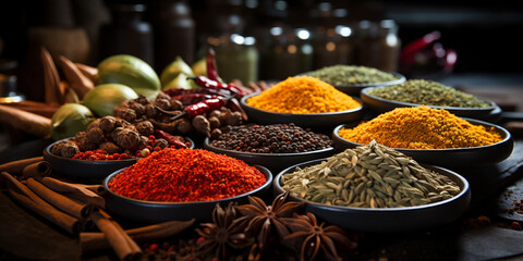 Wide food recipe banner image of different types Asian of spices in wooden bowls - Powered by Adobe