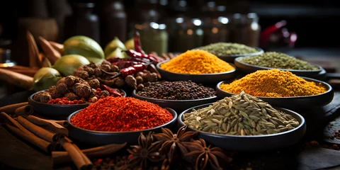 Poster Wide food recipe banner image of different types Asian of spices in wooden bowls © Sudarshana