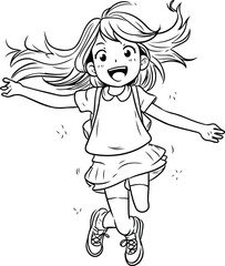 Vector illustration of a little girl jumping. Coloring book for children.