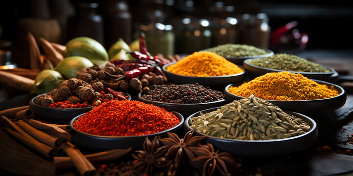 Wide food recipe banner image of different types Asian of spices in wooden bowls