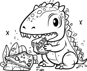 Vector illustration of Cute Dinosaur with a treasure map. Coloring book for children.