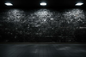 Space with black brick wall, dirty tiled floor. Generative AI - obrazy, fototapety, plakaty