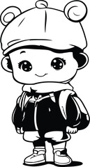 Black and White Cartoon Illustration of a Cute Little Boy Student