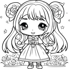 Cute little girl with flowers. Vector illustration for coloring book.