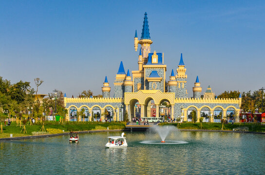 fairytale castle and boats on the lake in National Park of Uzbekistan named after Alisher Navoi in Tashkent
