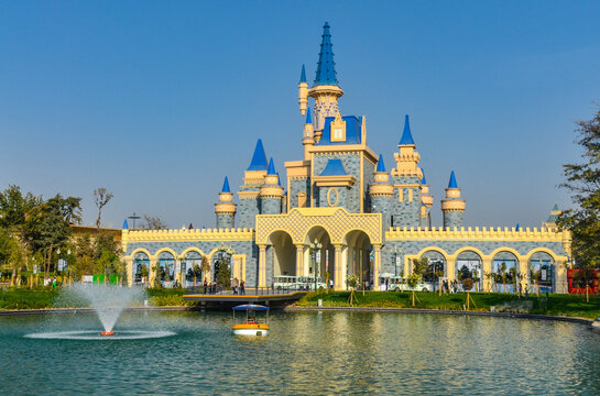 fairytale castle and lake in National Park of Uzbekistan named after Alisher Navoi in Tashkent