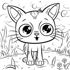 Cute cartoon cat in the grass. Coloring book for children.
