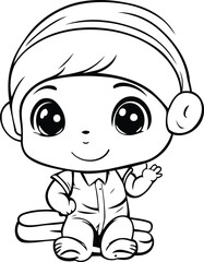 Cute cartoon baby boy sitting on the floor. Vector illustration.