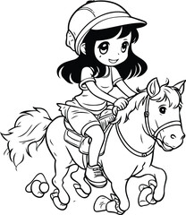 cute little girl riding a horse. black and white vector illustration