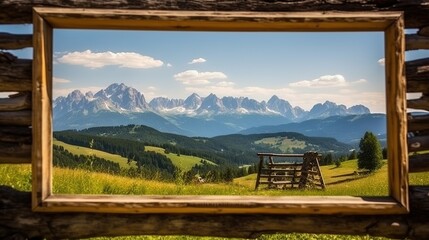 Beautiful mountain view with wooden photo frame, summer nature landscape background