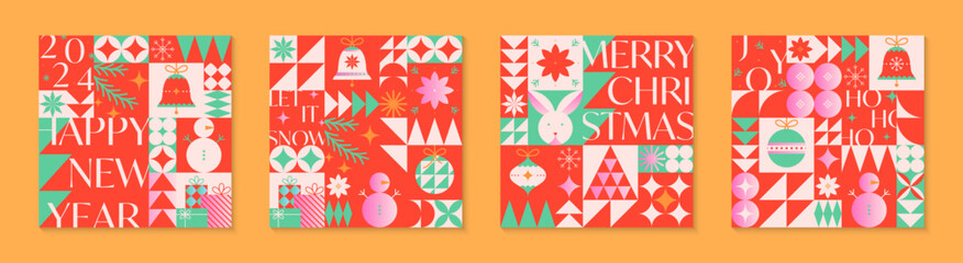 Christmas and Happy New Year greeting card templates.Festive vector backgrounds in flat modern style with traditional winter holiday symbols.Xmas pattern designs for branding,invitations,prints,smm