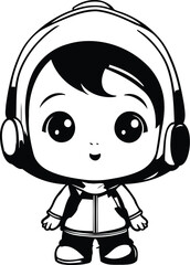 Cute little boy in astronaut suit with headphones. Vector illustration.