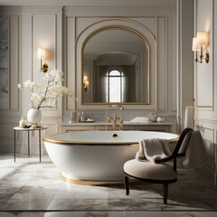 Interior Design of Elegant Spacious Bathroom, Luxury bathtub, Romantic Atmosphere,