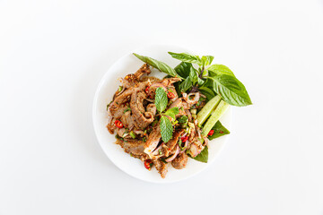 Papaya Salad with Grilled Pork Neck. Spicy Grilled Pork Neck Larb, a popular Thai dish