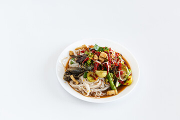Papaya salad with rice noodles and fermented fish