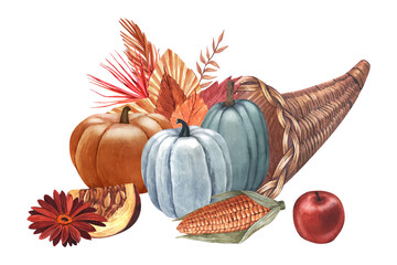 Watercolor cornucopia (horn of plenty) with pumpkin and vegetable. Hand-drawn illustration isolated on white background. Perfect for menu cafe, template food, cooking, packing food, card thanksgiving