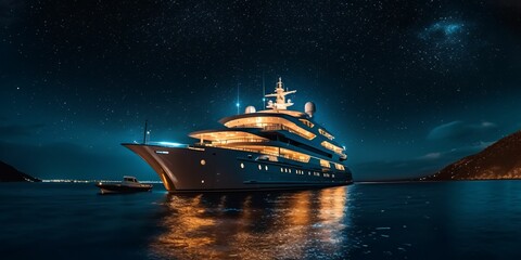 Luxury Motor Yacht Sailing in The Sea At Night with Starry Sky - obrazy, fototapety, plakaty