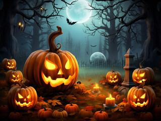 A spooky Halloween night with a mysterious atmosphere, featuring a creepy jack-o'-lantern.