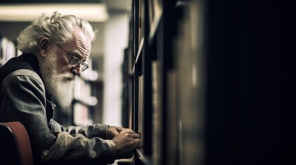 An elderly scholar, likely a professor, scans the shelves of a library. The image captures the essence of lifelong learning and intellectual curiosity.