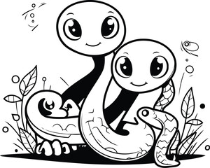 Black and white vector illustration of cute cartoon snake. Coloring book for children.