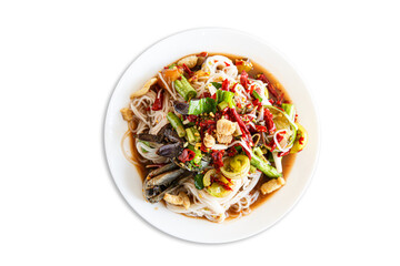 Papaya salad with rice noodles and fermented fish