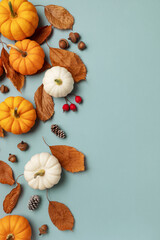 Happy Thanksgiving holiday background from autumn foliage, pumpkins and fall decorations vertical top view.  .