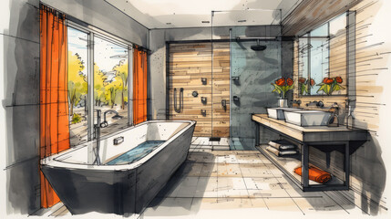 Colored interior design sketch of a modern bathroom. 