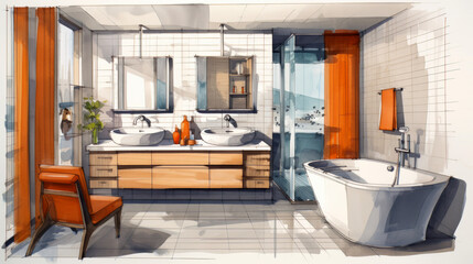 Colored interior design sketch of a modern bathroom. 