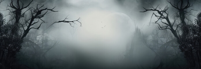 Dark landscape with magic forest, moon and mysterious fantasy silhouette of branch in night nature.