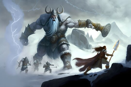 A group of diversified dd adventurers in a fierce battle with a frost giant with gauntlets2 gods among us Iceland3 fire5 ice15 battle magic powerful cosmic energy volumetric lighting volumetric fog 
