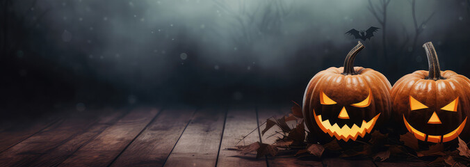 Halloween pumpkin with a scary smiling luminous face with copy space on a fog smoke dark background