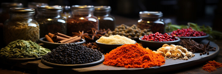 spices banner with different color spice powder filled bowls on a wooden table