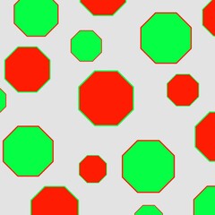 Red octagons with green outlines and green octagons with red outlines on light gray background