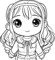 Cute cartoon girl with long hair. Vector illustration for coloring book.