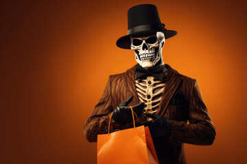 Male person in Halloween skeleton mask holding shopping bag on orange background