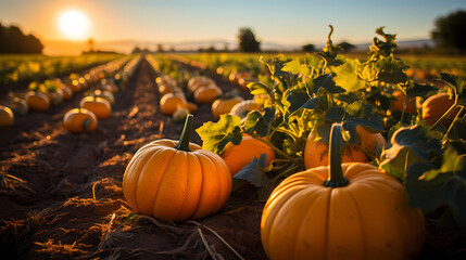 Pumpkins in a field at sunset