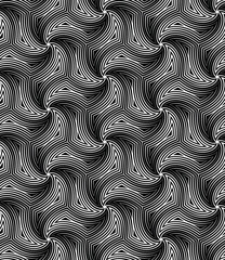 Seamless repeating pattern with concentric wavy white rectangles arranged in spirals on a black background. Modern ethnic style. Abstract waves. Vector illustration.