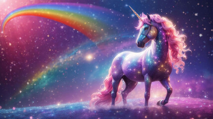 Obraz na płótnie Canvas A rainbow-sparkled fantasy unicorn, pastel glitter, a pink fantasy galaxy, a magical mermaid sky with bokeh, stars, and sparkles.