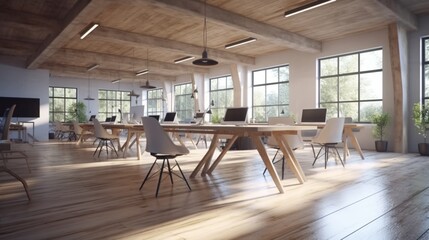 Modern office space with tables and chairs computers.Generative AI