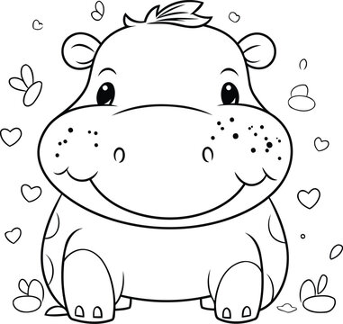 Cute hippo with hearts. Coloring book for children.