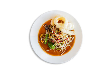 Papaya salad, fried beef skin rings style Lao food, North Eastern food